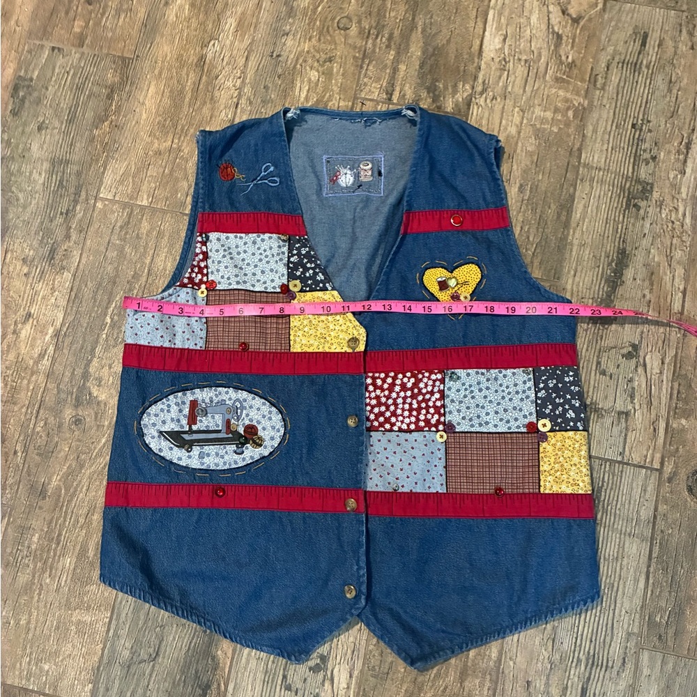 Patchwork Denim Vest With Sewing Theme - image 3